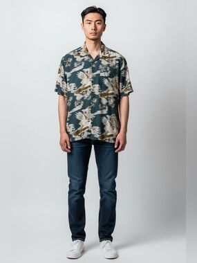 Cache Short-Sleeve Button-Up Shirt - Teal/ Cream/Brown Bird Print-Size Medium